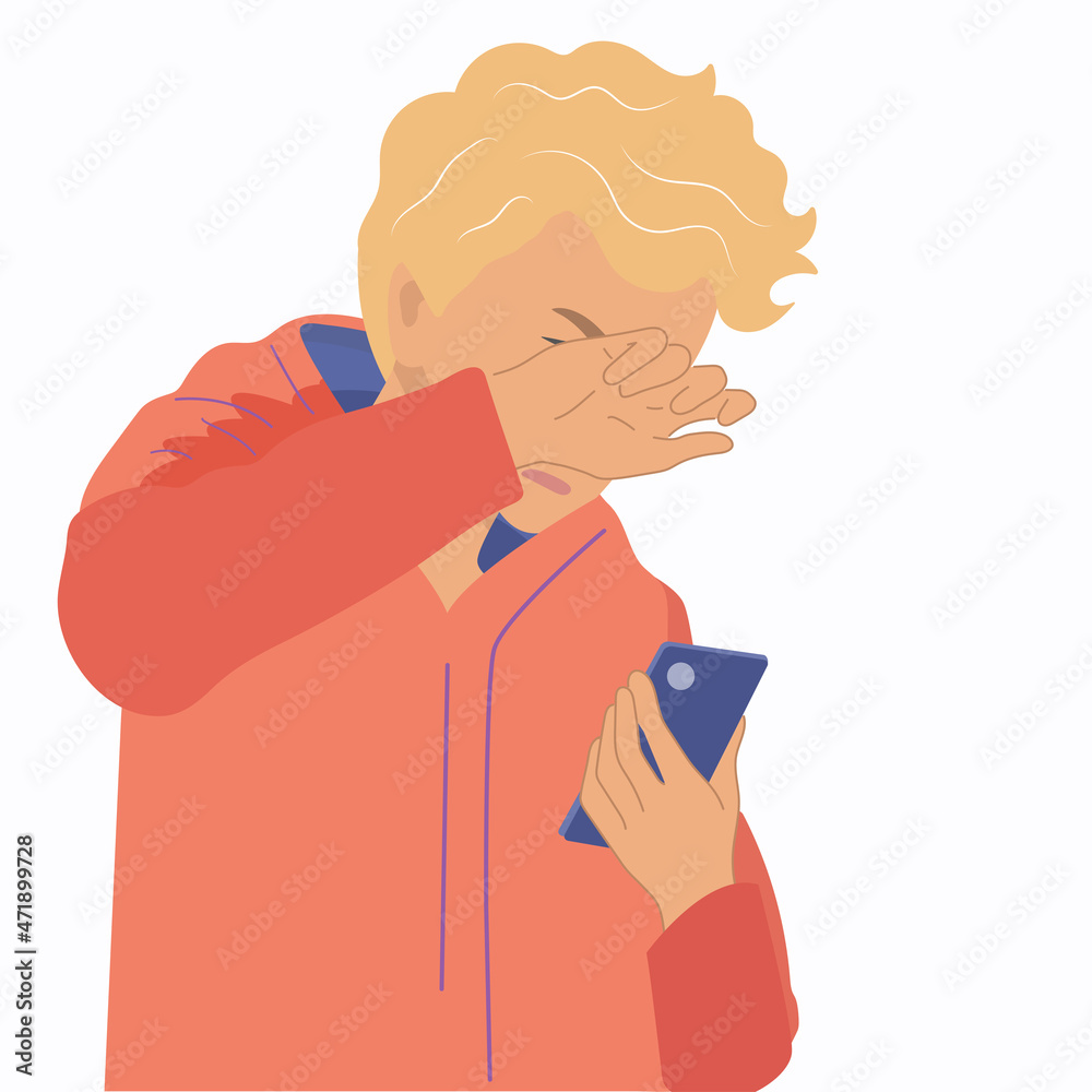 The young guy is crying and suffering. Holds a mobile phone in his hand.Hand drawn style vector illustration design. The young guy is crying and suffering. Holds a mobile phone in his hand.Hand drawn style vector illustration design.