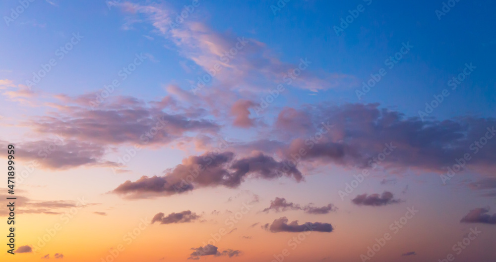 Beautiful sunset sky abstract background. Sky with purple pink clouds. Nature background.