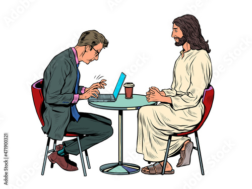 Jesus is waiting for you, savior and busy man at the table. Christianity and religion, preaching and faith