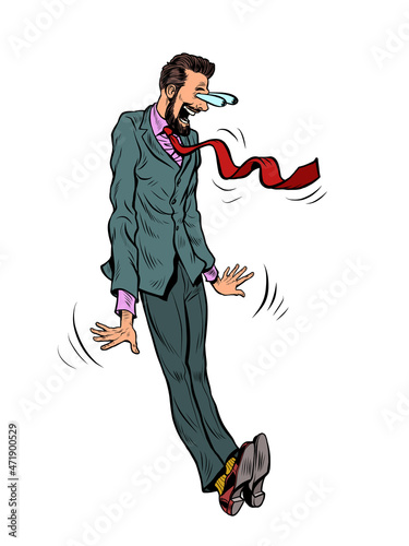 a scared, shocked face, eyes on the forehead The characteristic emotional pose of a businessman man