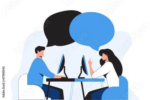 Workspace with two talking people, they are sitting in front of each other with laptops and have common speech bubble