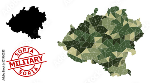 Lowpoly mosaic map of Soria Province, and rubber military watermark. Lowpoly map of Soria Province designed with chaotic camo color triangles. photo