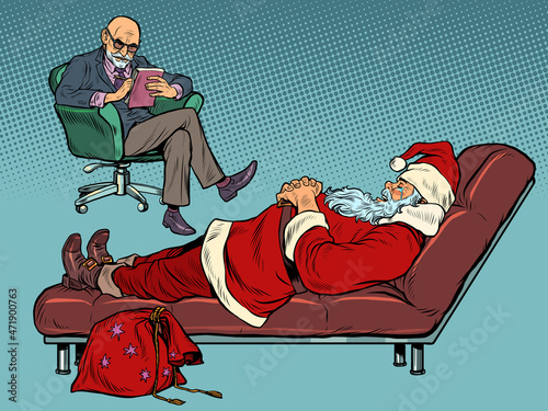 Santa Claus at a psychologist appointment, a therapist couch. Session, Christmas holidays