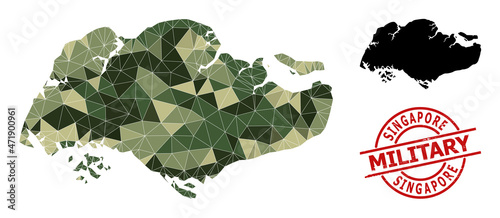 Lowpoly mosaic map of Singapore, and textured military stamp imitation. Lowpoly map of Singapore is designed from random camouflage filled triangles.