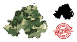 Low-Poly mosaic map of Northern Ireland, and distress military rubber seal. Low-poly map of Northern Ireland is combined of random camo color triangles.
