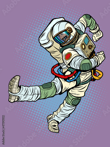 Joy dance jump The characteristic emotional pose of a astronaut man