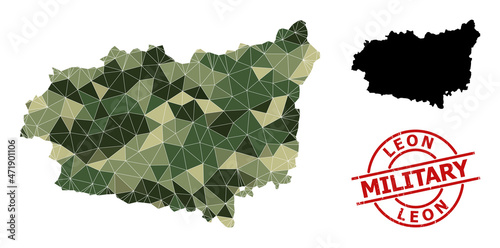 Low-Poly mosaic map of Leon Province, and grunge military rubber seal. Low-poly map of Leon Province constructed with random camouflage colored triangles.