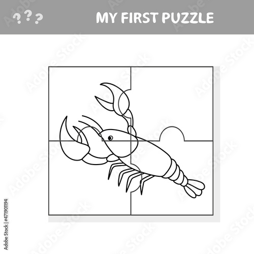 My first puzzle. Sea crayfish. Puzzle pieces - a game for preschool children. Coloring page