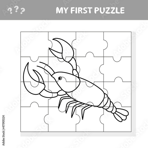 My first puzzle. Sea crayfish. Puzzle pieces - a game for preschool children. Coloring page