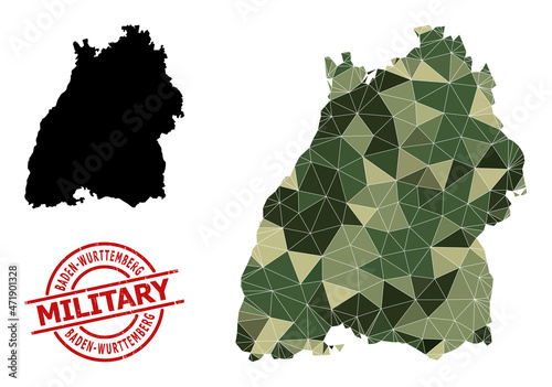 Low-Poly mosaic map of Baden-Wurttemberg State, and rubber military badge. Low-poly map of Baden-Wurttemberg State constructed of scattered camouflage colored triangles.