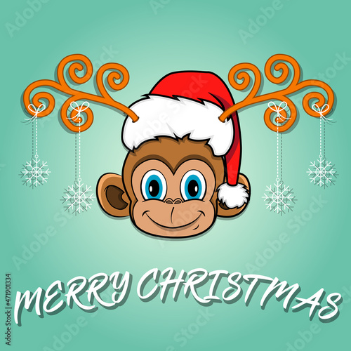 Cute Monkey Head Cartoon Christmas Card. Wearing Hat and Funny Christmas. © TMK_Studio