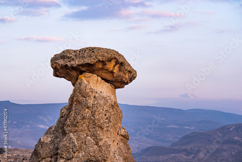 Moody panoramic view of the Three Beauties rock formations near Goreme, Cappadocia, Turkey