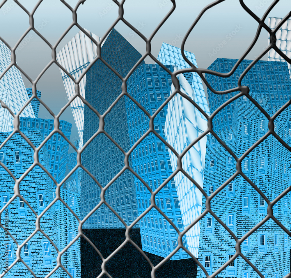 Fototapeta premium Colorful houses behind metal grid fence