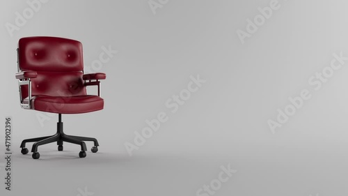 A fancy chrome office chair with cushioning covered in red leather pushed across a white studio spinning to a stop facing the camera