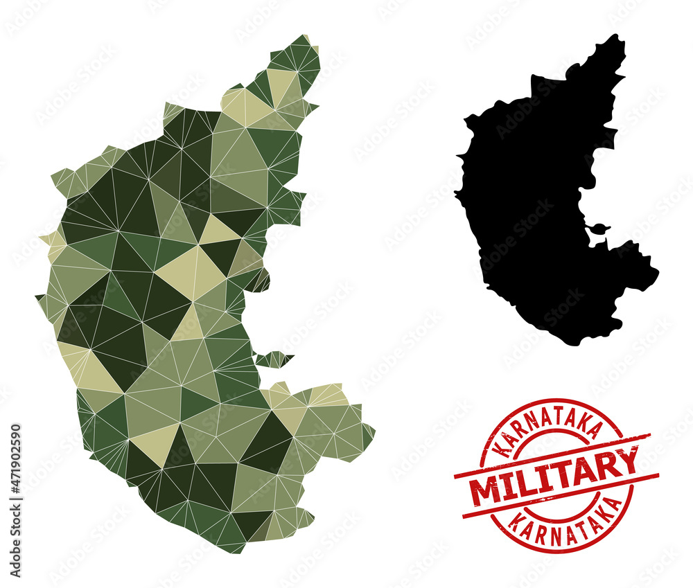 Low-Poly mosaic map of Karnataka State, and textured military stamp ...