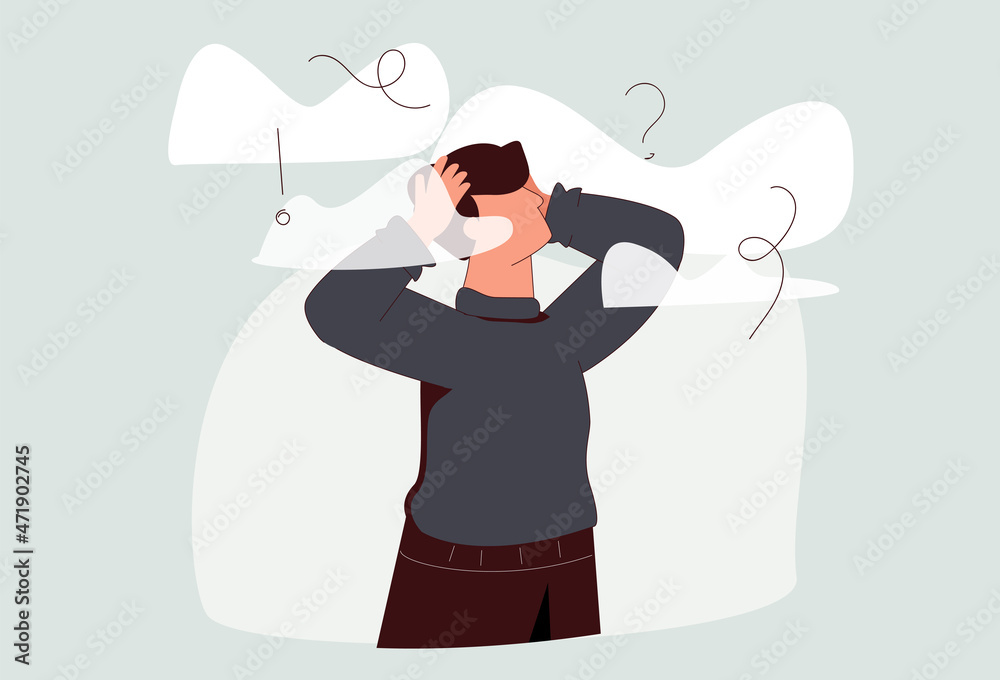 A sad young man has a clouded mind on blue background. A depressed ...