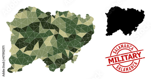 Low-Poly mosaic map of Salamanca Province, and textured military stamp seal. Low-poly map of Salamanca Province constructed with random camo filled triangles.