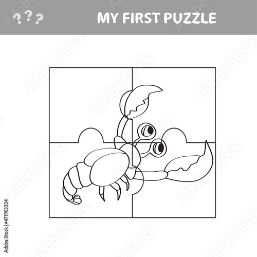 My first puzzle. Sea crayfish. Puzzle pieces - a game for preschool children. Coloring page
