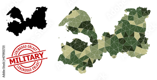 Triangle mosaic map of Leningrad Region, and distress military stamp print. Lowpoly map of Leningrad Region combined from randomized khaki colored triangles.