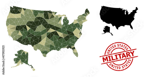 Low-Poly mosaic map of USA and Alaska, and textured military stamp imitation. Low-poly map of USA and Alaska constructed of random camouflage filled triangles.
