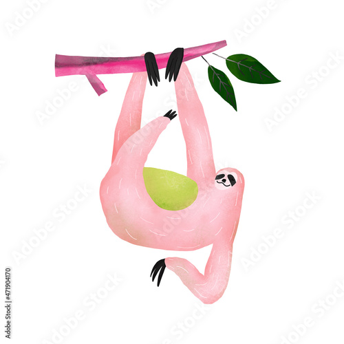 Sloth on branch image with texture. Cartoon character drawing