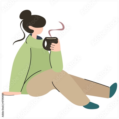 Woman sitting on the floor drinking coffee.Young girl sitting on the floor and drinking tea or coffee. Woman working evening time at home. Colored vector illustration in flat cartoon style.