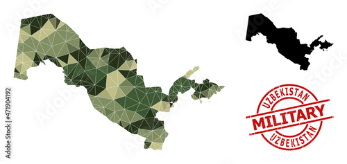 Lowpoly mosaic map of Uzbekistan, and grunge military stamp. Low-poly map of Uzbekistan constructed from random khaki colored triangles. Red round stamp for military and army conceptual illustrations,