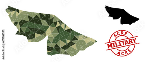 Low-Poly mosaic map of Acre State, and scratched military stamp print. Low-poly map of Acre State is constructed from random camouflage filled triangles.