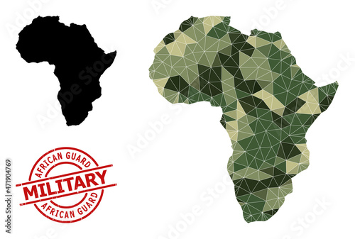 Low-Poly mosaic map of Africa, and scratched military seal. Low-poly map of Africa combined with scattered camouflage filled triangles. Red round stamp for military and army concept illustrations,