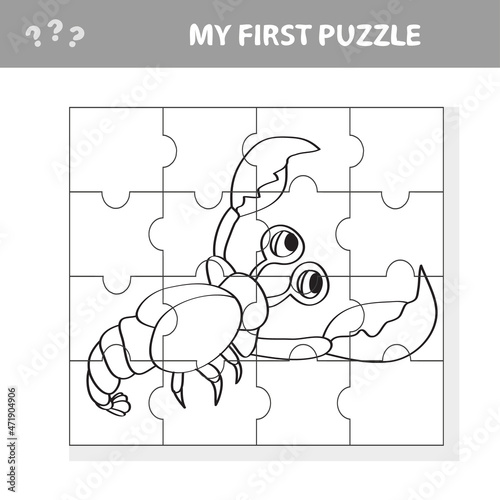 My first puzzle. Sea crayfish. Puzzle pieces - a game for preschool children. Coloring page