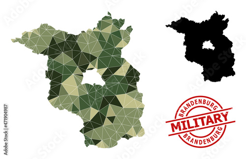 Polygonal mosaic map of Brandenburg State, and scratched military stamp print. Lowpoly map of Brandenburg State constructed with randomized camouflage colored triangles.