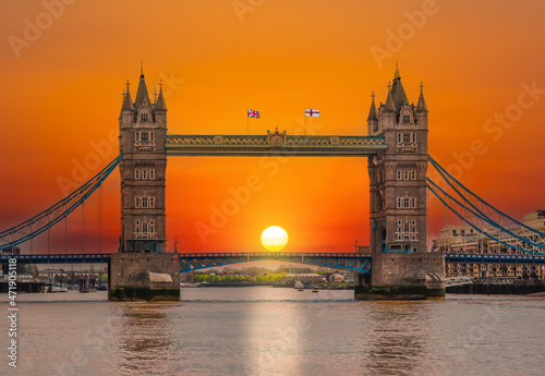 London Tower bridge and Thames river at sunset, UK
