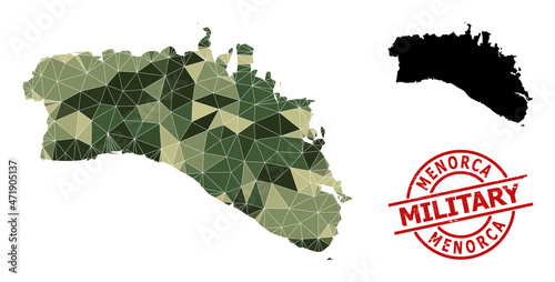 Low-Poly mosaic map of Menorca Island, and unclean military stamp seal. Low-poly map of Menorca Island constructed from randomized camouflage filled triangles.