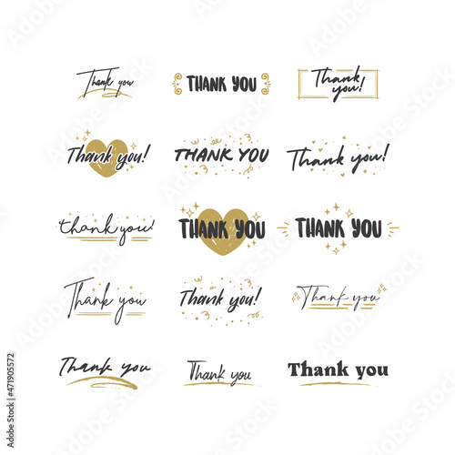 Thank You lettering compositions written with decorative calligraphic font. Bundle of gratitude phrase decorated with cute elements. Hand drawn thanks vector quotes.