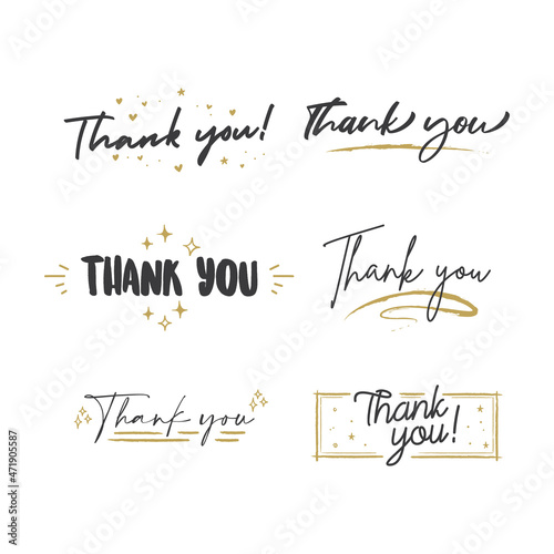 Thank You lettering compositions written with decorative calligraphic font. Bundle of gratitude phrase decorated with cute elements. Hand drawn thanks vector quotes.