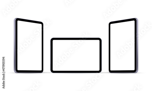 Tablet Computers Mockups, Vertical and Horizontal Screens, Isolated on White Background, Front, Side View. Vector Illustration