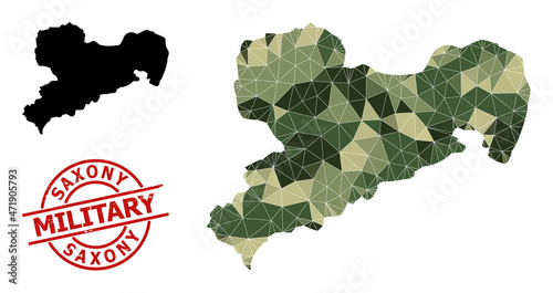 Lowpoly mosaic map of Saxony State, and unclean military stamp seal. Lowpoly map of Saxony State constructed of scattered camo color triangles.