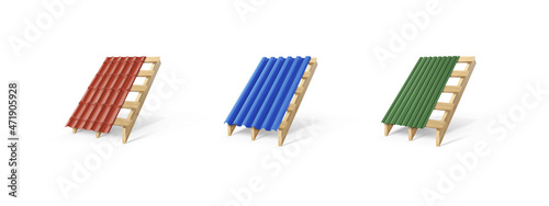 A set of different sheets of metal for the roof and a wooden base on a white background. Vector illustration