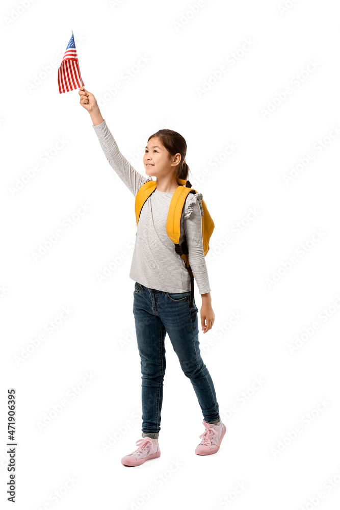 Pupil of language school with USA flag on white background