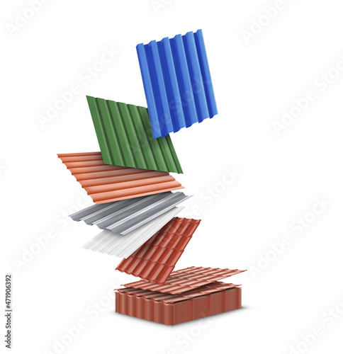 Set of flying sheets of metal for the roof on a white background. Vector illustration