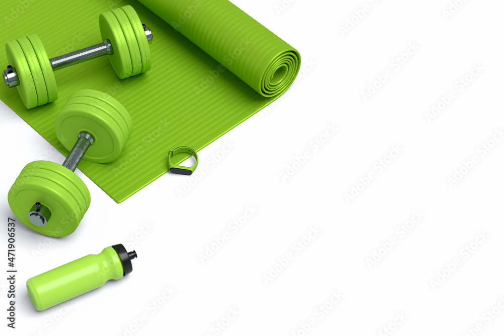 Isometric view of sport equipment like yoga mat, bottle and smart watches Isometric view of sport equipment like yoga mat, bottle and smart watches