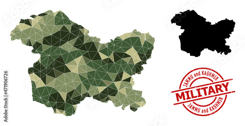 Low-Poly mosaic map of Jammu and Kashmir State, and textured military rubber seal. Low-poly map of Jammu and Kashmir State combined of scattered camo filled triangles.
