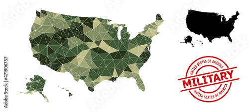 Lowpoly mosaic map of USA territories, and grunge military stamp. Lowpoly map of USA territories combined from randomized camo colored triangles.