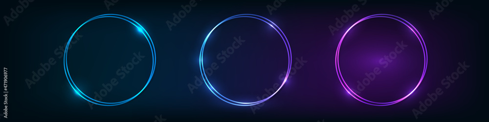 Set of neon double frames with shining effects Set of neon double frames with shining effects