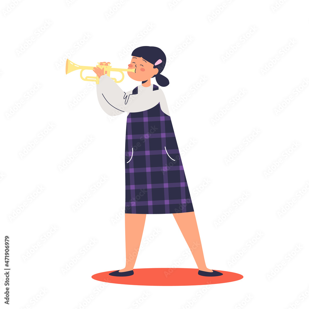 Cute girl playing trumpet. Small kid play classical music on wind instrument. Children orchestra Cute girl playing trumpet. Small kid play classical music on wind instrument. Children orchestra