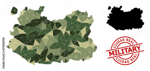 Low-Poly mosaic map of Ciudad Real Province, and rubber military seal. Low-poly map of Ciudad Real Province is combined of random camouflage colored triangles.