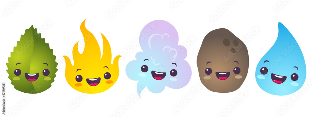 Water, fire, air, ground and plant. Vector illustration of nature elements in kawaii style. Water, fire, air, ground and plant. Vector illustration of nature elements in kawaii style.