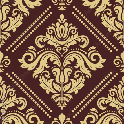 Classic seamless vector pattern. Damask orient ornament. Classic vintage brown and golden background. Orient ornament for fabric, wallpapers and packaging