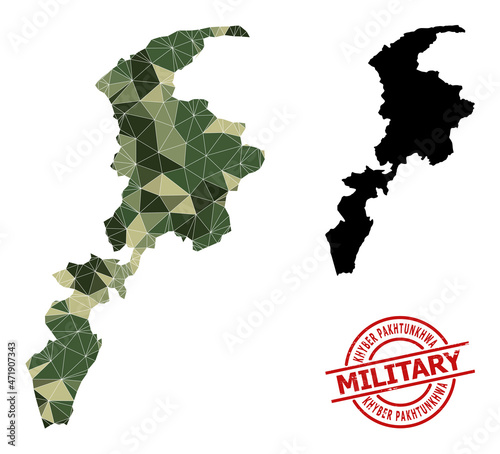 Low-Poly mosaic map of Khyber Pakhtunkhwa Province, and rough military rubber seal. Low-poly map of Khyber Pakhtunkhwa Province is constructed from chaotic camo filled triangles.
