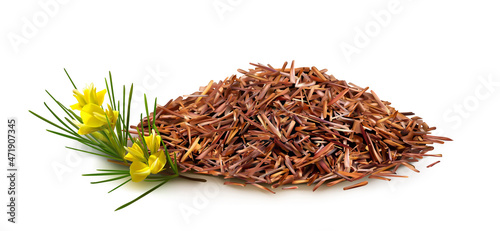 Realistic 3d vector illustration of dry rooibos tea. Pile of tea isolated on white. Rooibos branch in blossom. Herbal roibos tea. Red bush caffeine free Aspalathus heap of herbal infusions growth photo